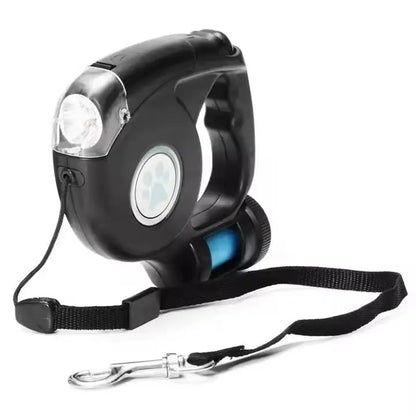 Retractable Nylon Ribbon Dog Leash - Tangle-Free Heavy-Duty Leash with Light, Waste Bag Holder, Easy Control for Night Safety, Small-Medium Dog Puppy Essential Accessory