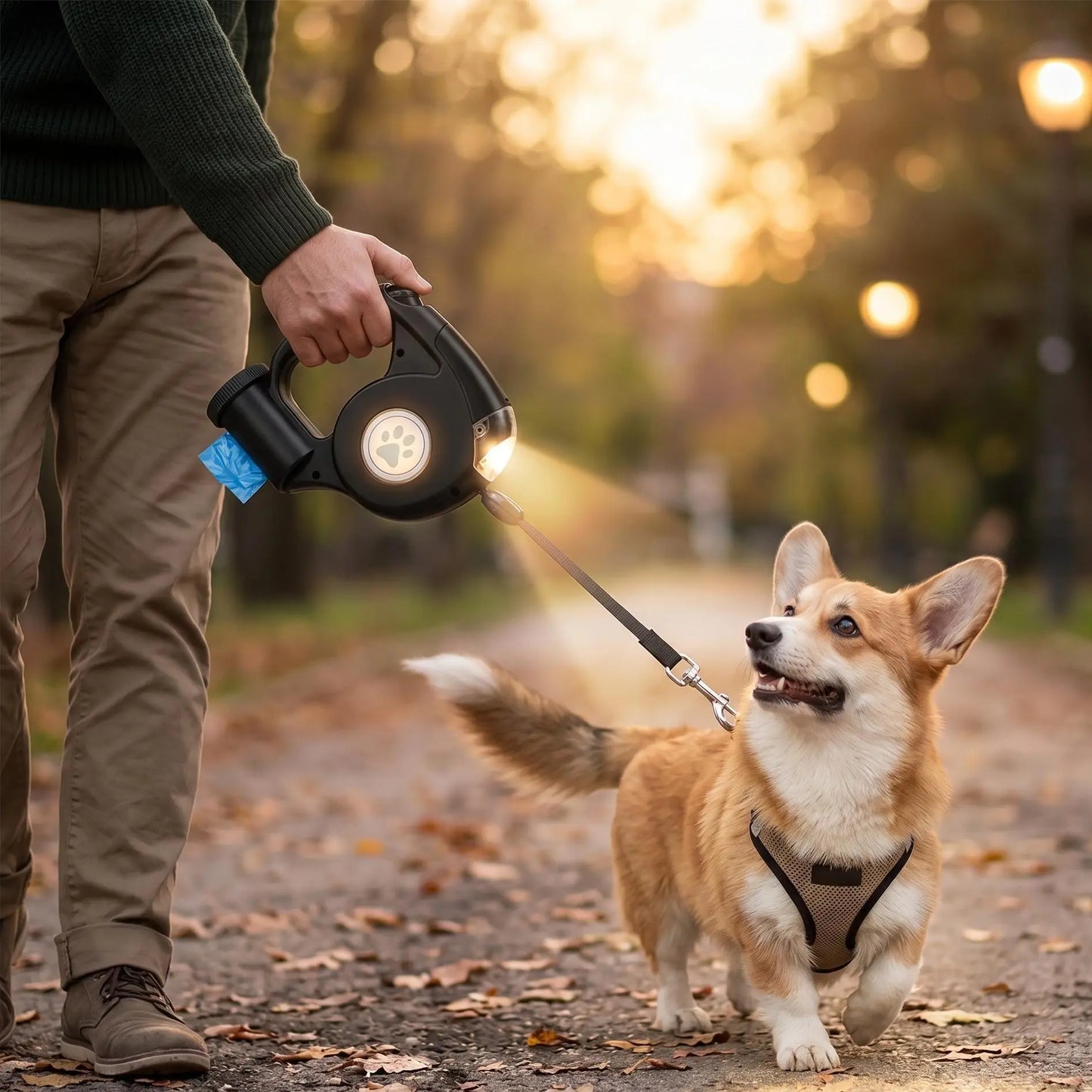 Retractable Nylon Ribbon Dog Leash - Tangle-Free Heavy-Duty Leash with Light, Waste Bag Holder, Easy Control for Night Safety, Small-Medium Dog Puppy Essential Accessory
