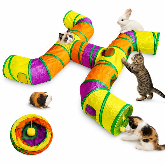 14-Way Cat Tunnel for Indoor Cats, Rainbow H-Shape Interactive Play Tunnel with Peek Holes & Ball, Foldable & Collapsible Toy for Cats, Rabbits, Ferrets & Small Pets