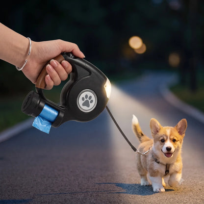 Retractable Nylon Ribbon Dog Leash - Tangle-Free Heavy-Duty Leash with Light, Waste Bag Holder, Easy Control for Night Safety, Small-Medium Dog Puppy Essential Accessory