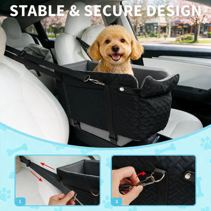 Black Fabric Paw Print Dog Car Booster Seat - Armrest-Mount, Portable Pet Basket, Comfortable Ride Safe Travel Carrier Bed for Small-Medium Dogs