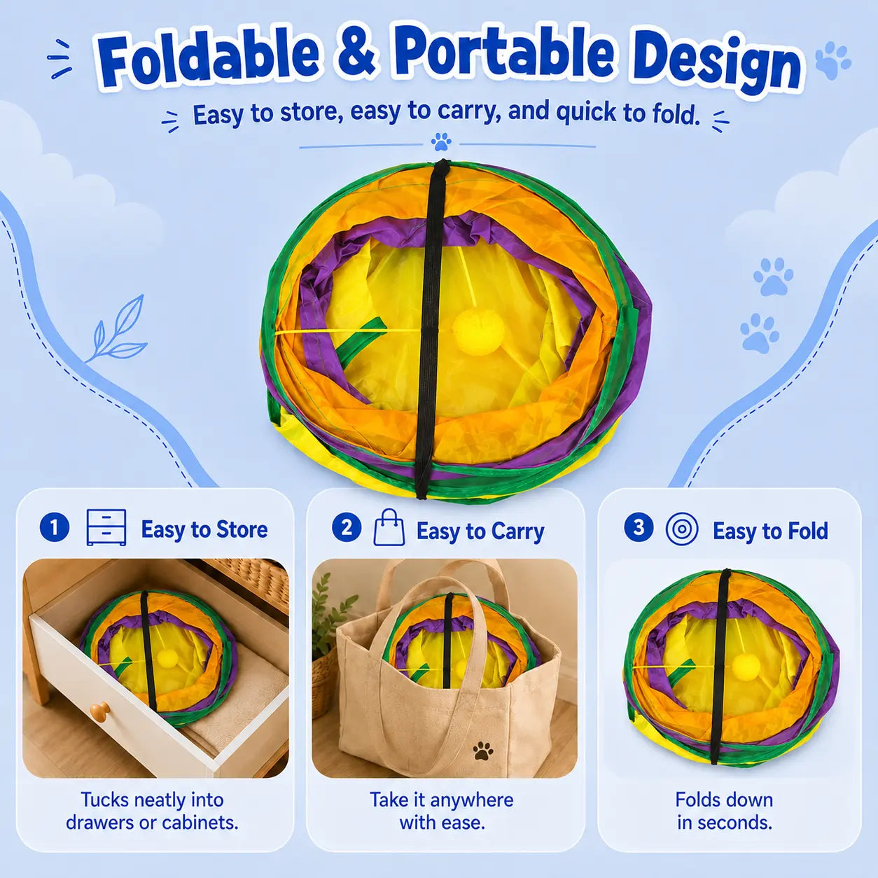 14-Way Cat Tunnel for Indoor Cats, Rainbow H-Shape Interactive Play Tunnel with Peek Holes & Ball, Foldable & Collapsible Toy for Cats, Rabbits, Ferrets & Small Pets
