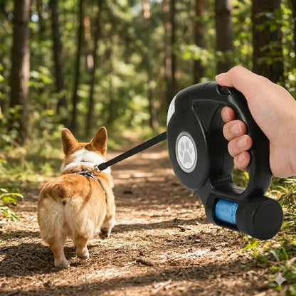 Retractable Nylon Ribbon Dog Leash - Tangle-Free Heavy-Duty Leash with Light, Waste Bag Holder, Easy Control for Night Safety, Small-Medium Dog Puppy Essential Accessory