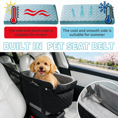 Black Fabric Paw Print Dog Car Booster Seat - Armrest-Mount, Portable Pet Basket, Comfortable Ride Safe Travel Carrier Bed for Small-Medium Dogs