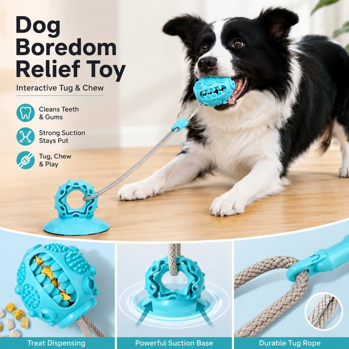 Interactive Dog Chew Toy with Suction Cup, Treat Dispensing Tug Toy for Bored Dogs, Durable TPR Teeth Cleaning Ball with Rope, Puzzle Feeder & Enrichment Toy for Puppies and Small Medium Dogs, Indoor Self-Play Training Toy