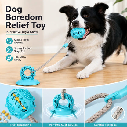 Interactive Dog Chew Toy with Suction Cup, Treat Dispensing Tug Toy for Bored Dogs, Durable TPR Teeth Cleaning Ball with Rope, Puzzle Feeder & Enrichment Toy for Puppies and Small Medium Dogs, Indoor Self-Play Training Toy