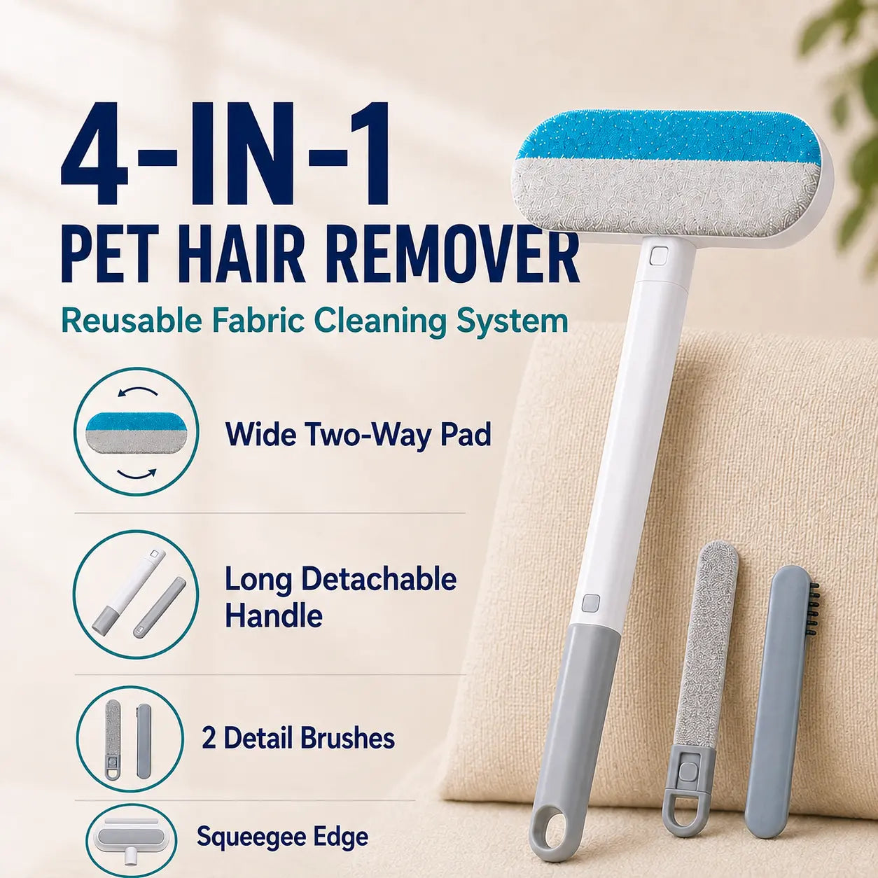 4-In-1 Reusable Pet Hair Remover Brush with Long Handle and Detail Brushes for Sofas, Rugs, Carpets, Bedding and Fabric Car Seats