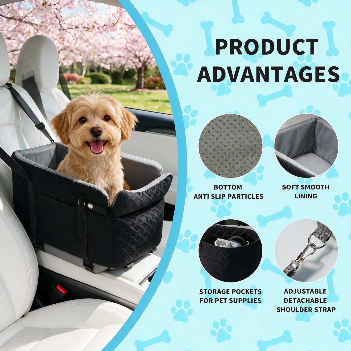 Black Fabric Paw Print Dog Car Booster Seat - Armrest-Mount, Portable Pet Basket, Comfortable Ride Safe Travel Carrier Bed for Small-Medium Dogs