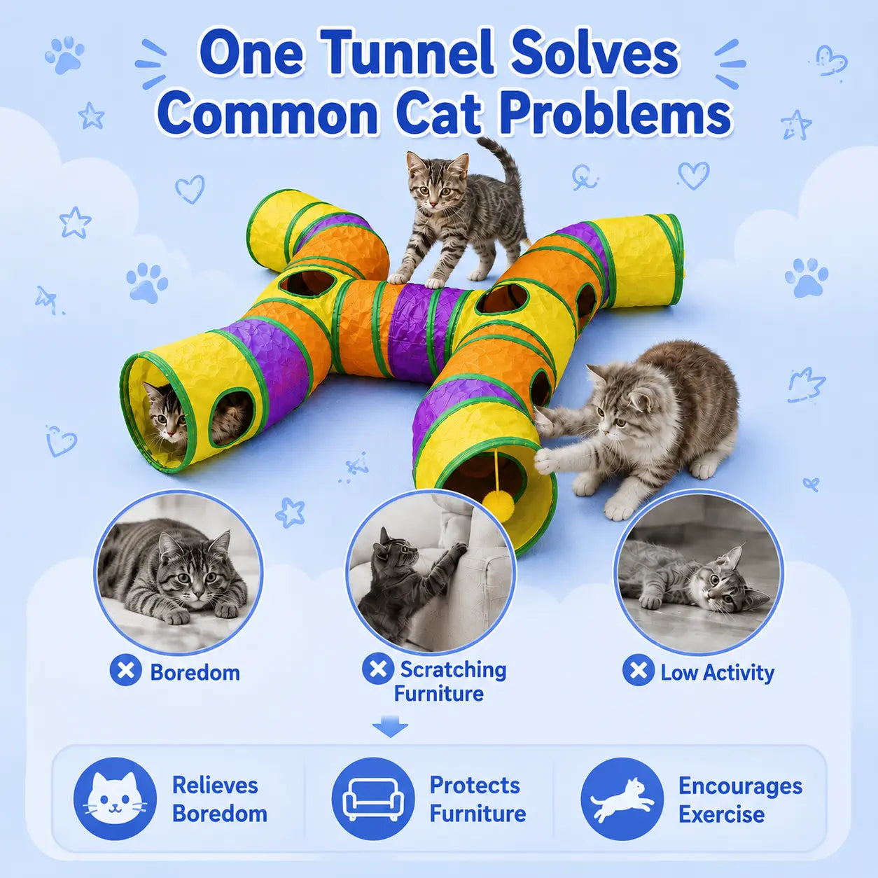 14-Way Cat Tunnel for Indoor Cats, Rainbow H-Shape Interactive Play Tunnel with Peek Holes & Ball, Foldable & Collapsible Toy for Cats, Rabbits, Ferrets & Small Pets