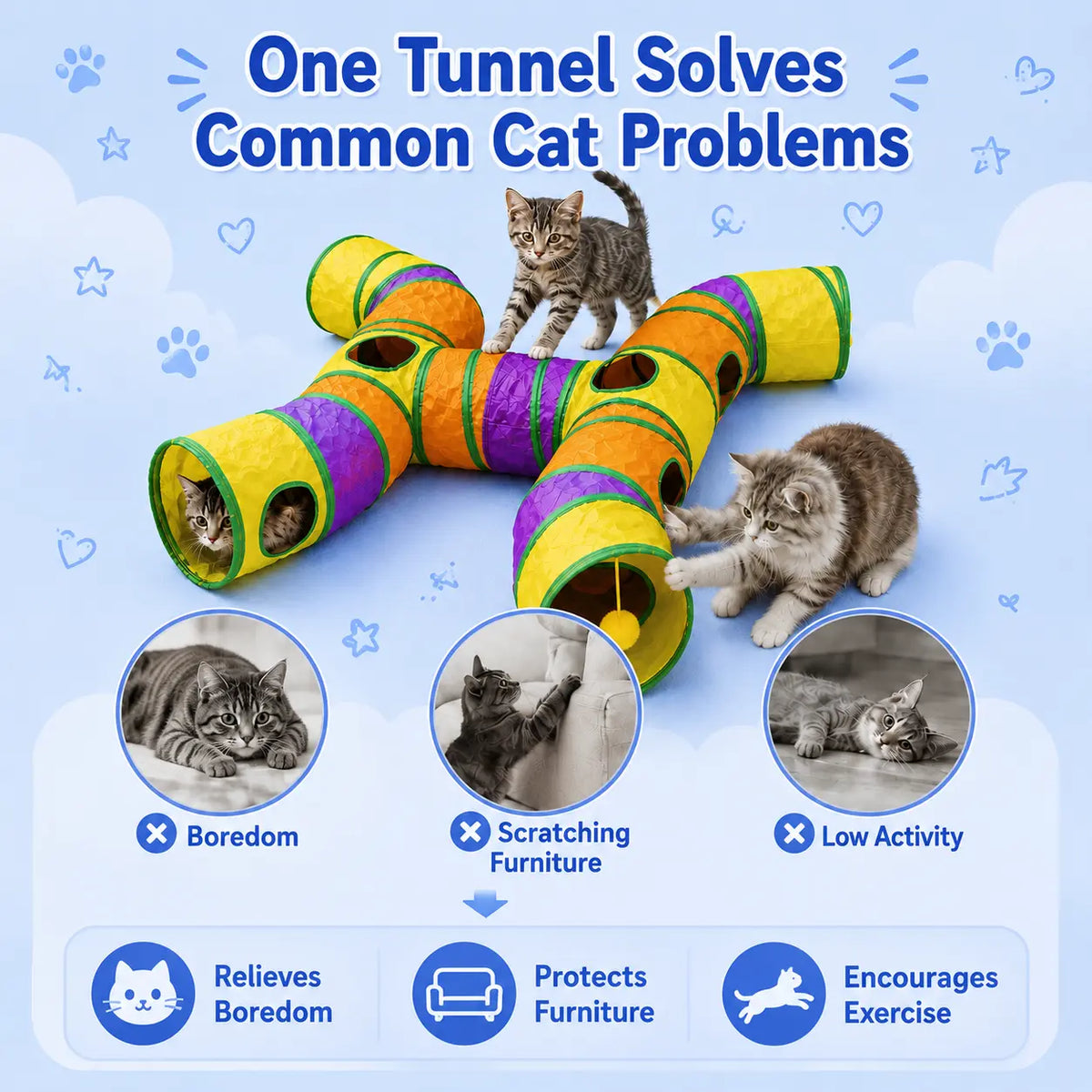14-Way Cat Tunnel for Indoor Cats, Rainbow H-Shape Interactive Play Tunnel with Peek Holes & Ball, Foldable & Collapsible Toy for Cats, Rabbits, Ferrets & Small Pets