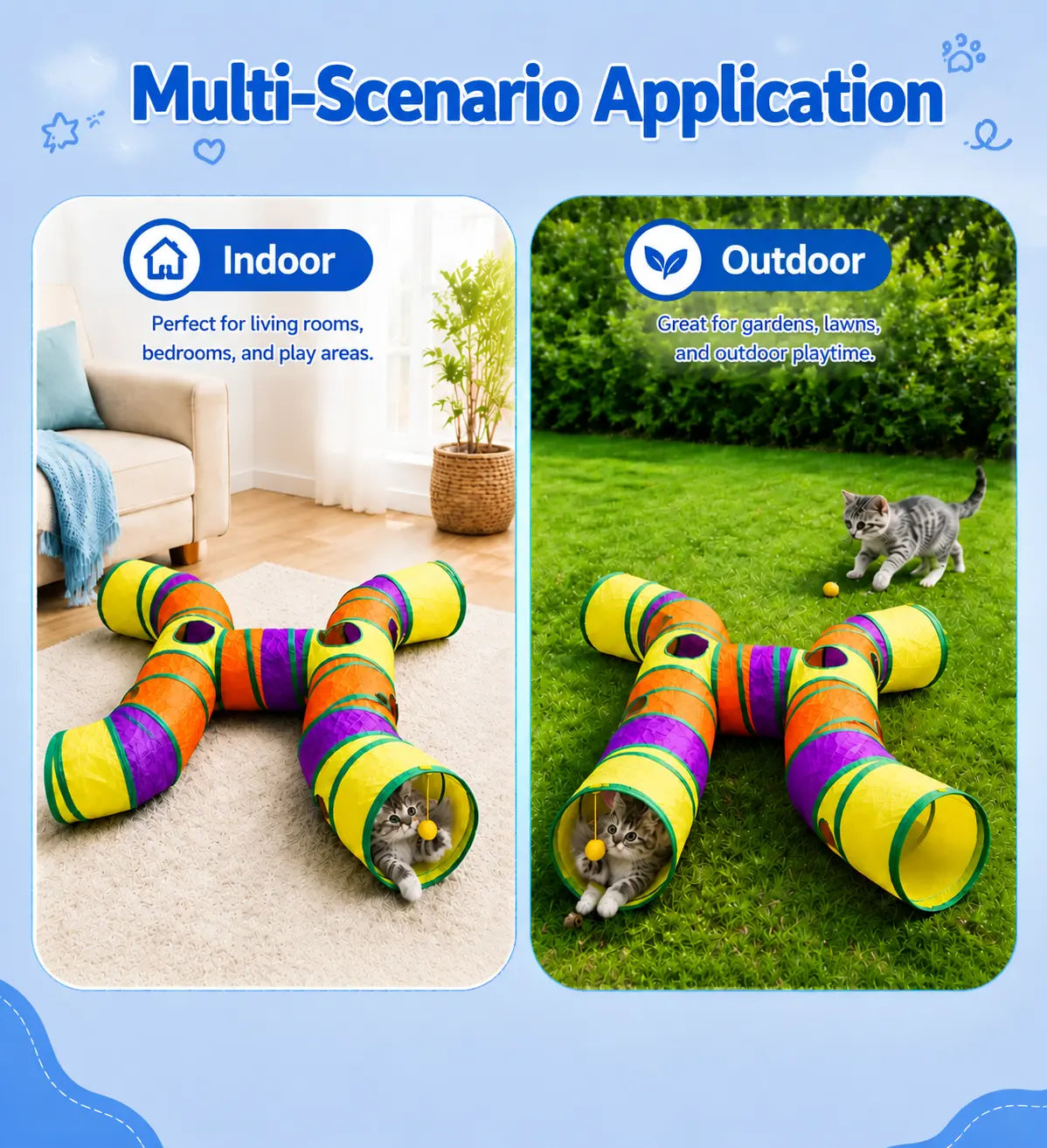14-Way Cat Tunnel for Indoor Cats, Rainbow H-Shape Interactive Play Tunnel with Peek Holes & Ball, Foldable & Collapsible Toy for Cats, Rabbits, Ferrets & Small Pets