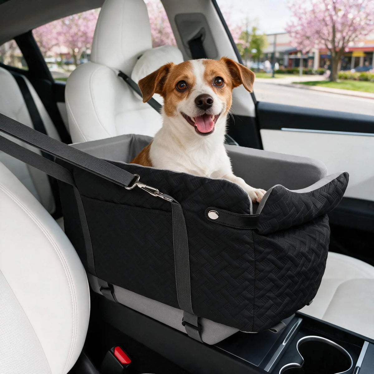 Black Fabric Paw Print Dog Car Booster Seat - Armrest-Mount, Portable Pet Basket, Comfortable Ride Safe Travel Carrier Bed for Small-Medium Dogs