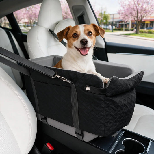 Black Fabric Paw Print Dog Car Booster Seat - Armrest-Mount, Portable Pet Basket, Comfortable Ride Safe Travel Carrier Bed for Small-Medium Dogs
