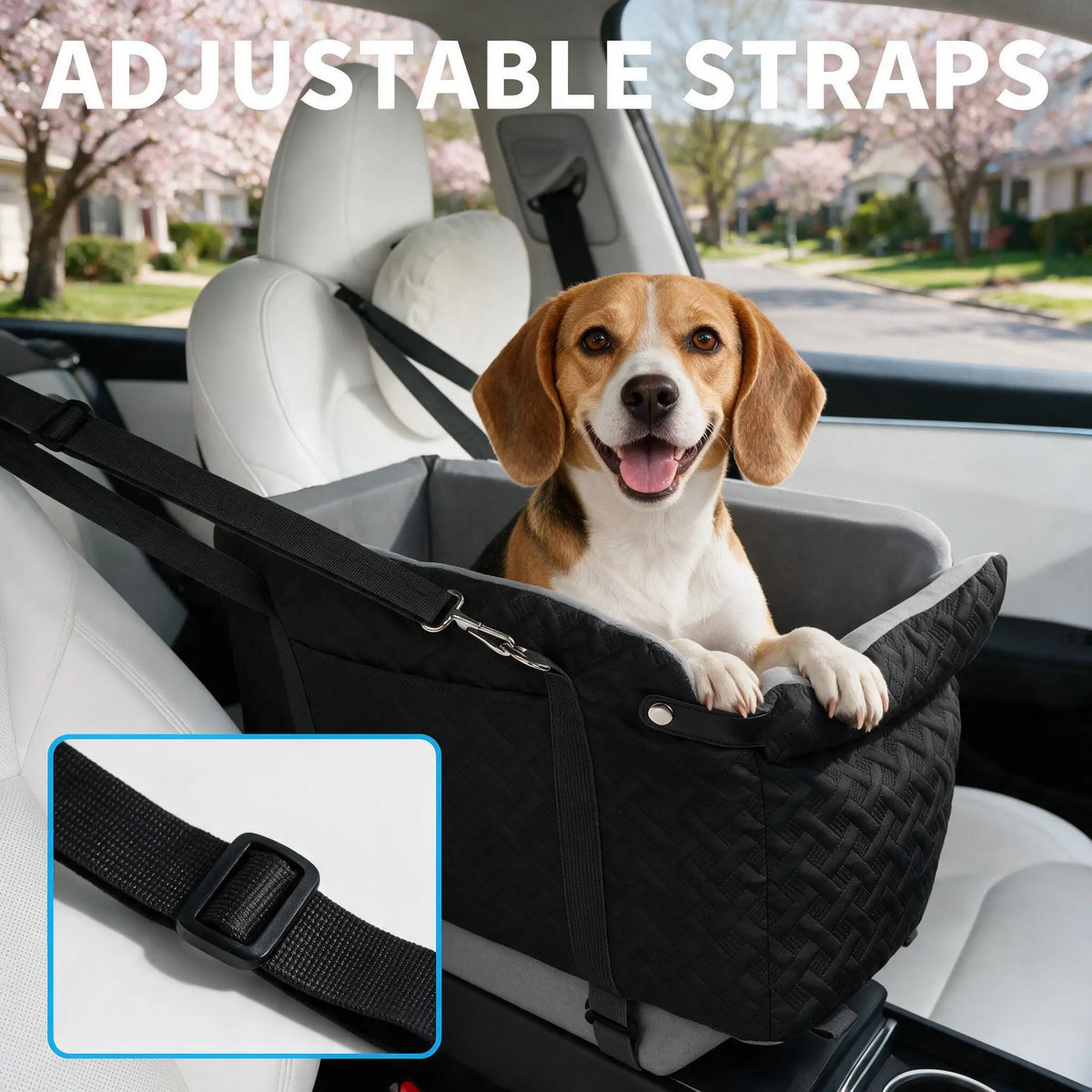 Black Fabric Paw Print Dog Car Booster Seat - Armrest-Mount, Portable Pet Basket, Comfortable Ride Safe Travel Carrier Bed for Small-Medium Dogs