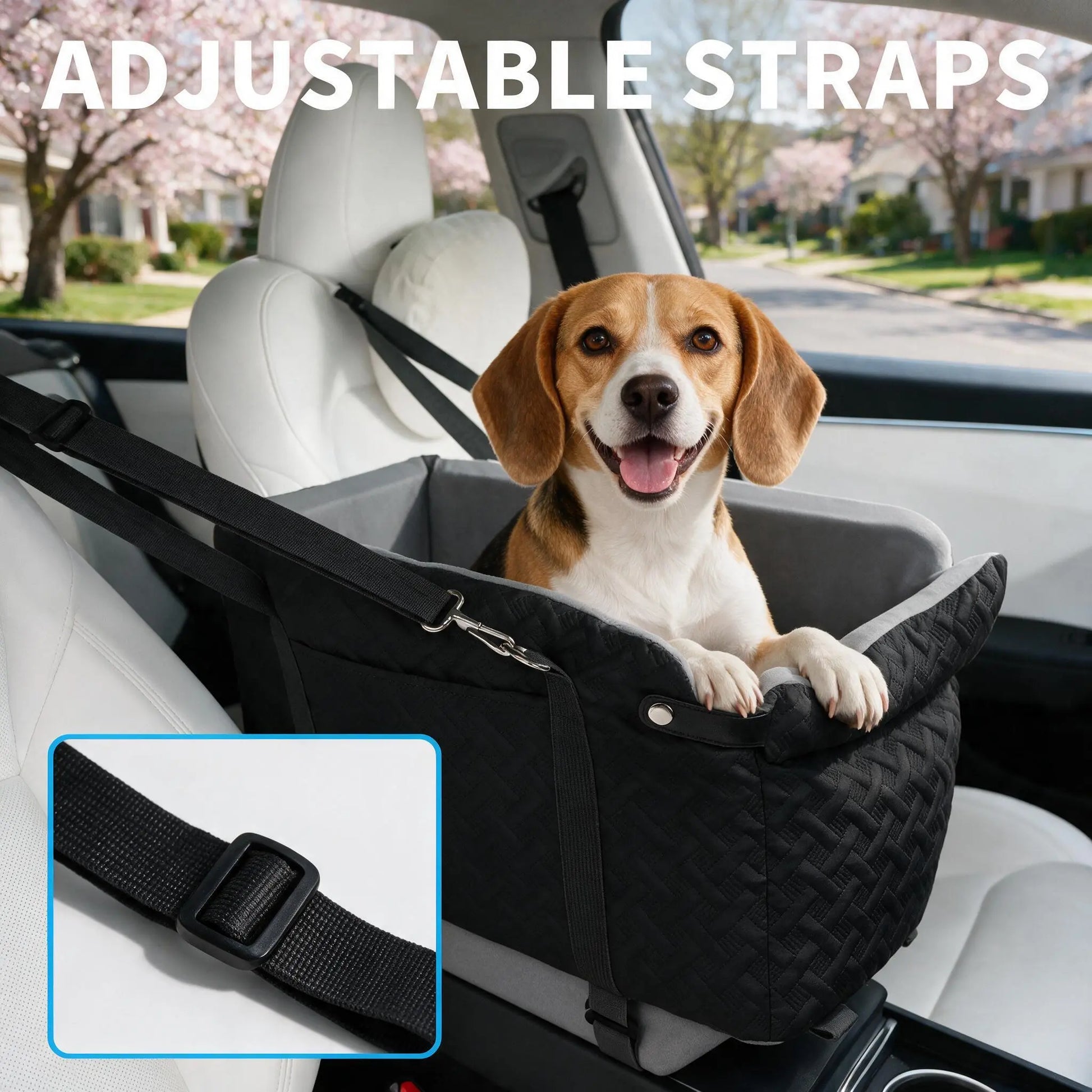 Black Fabric Paw Print Dog Car Booster Seat - Armrest-Mount, Portable Pet Basket, Comfortable Ride Safe Travel Carrier Bed for Small-Medium Dogs