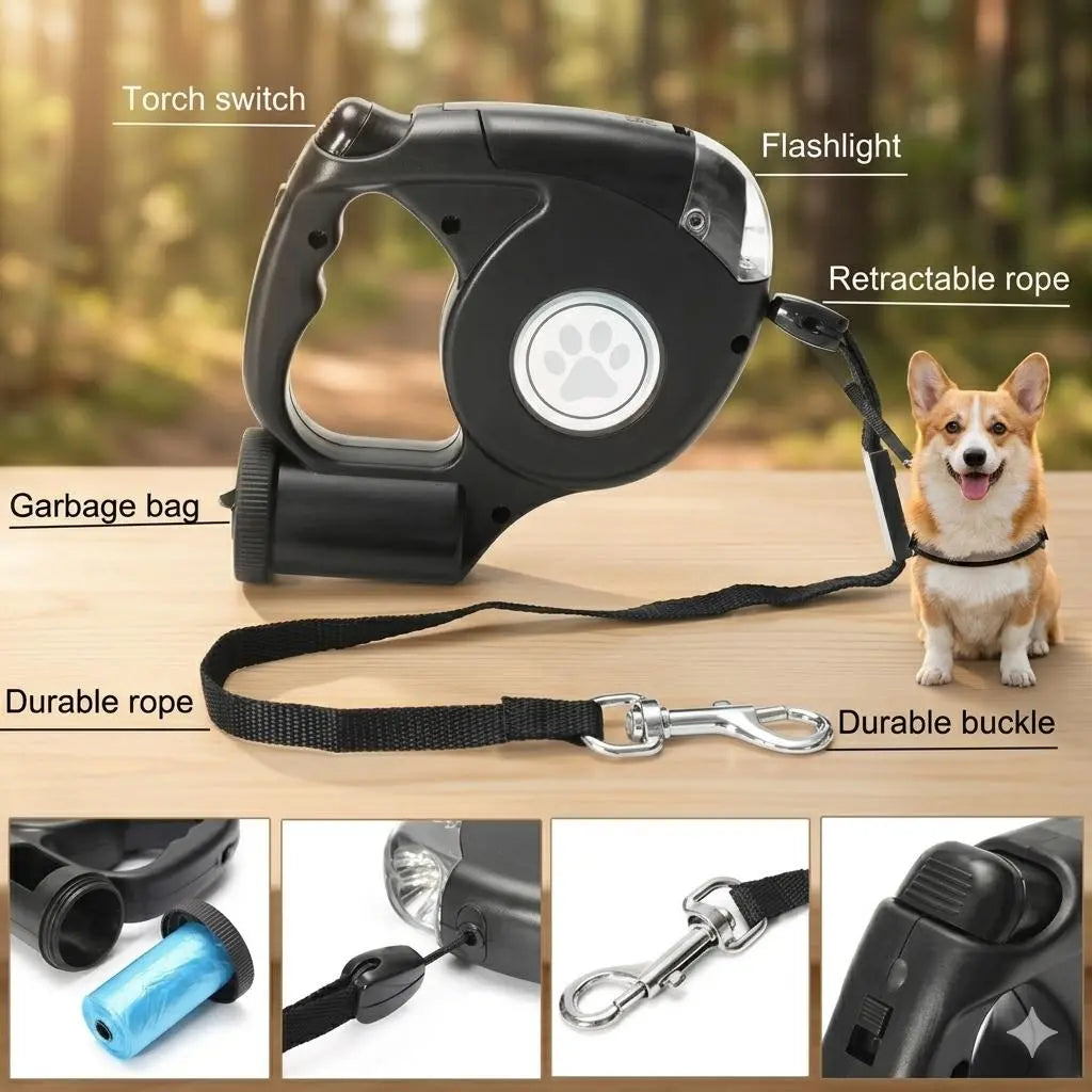 Retractable Nylon Ribbon Dog Leash - Tangle-Free Heavy-Duty Leash with Light, Waste Bag Holder, Easy Control for Night Safety, Small-Medium Dog Puppy Essential Accessory