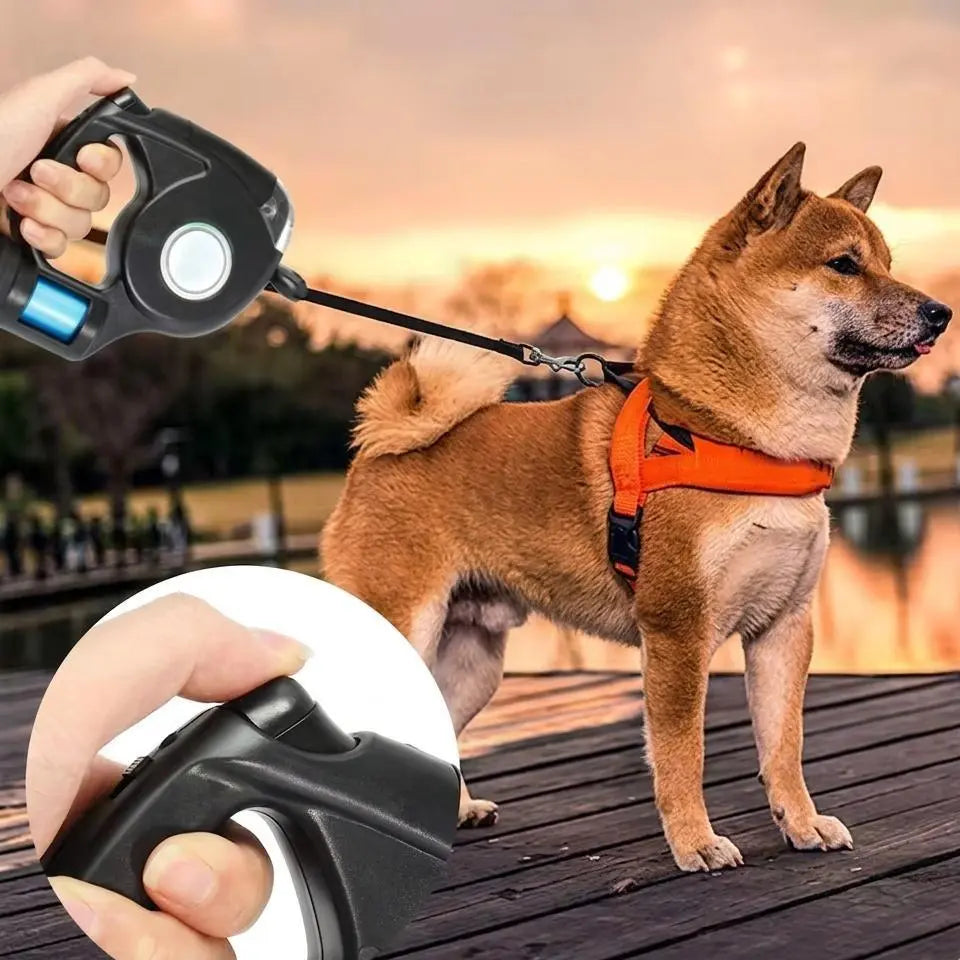 Retractable Nylon Ribbon Dog Leash - Tangle-Free Heavy-Duty Leash with Light, Waste Bag Holder, Easy Control for Night Safety, Small-Medium Dog Puppy Essential Accessory