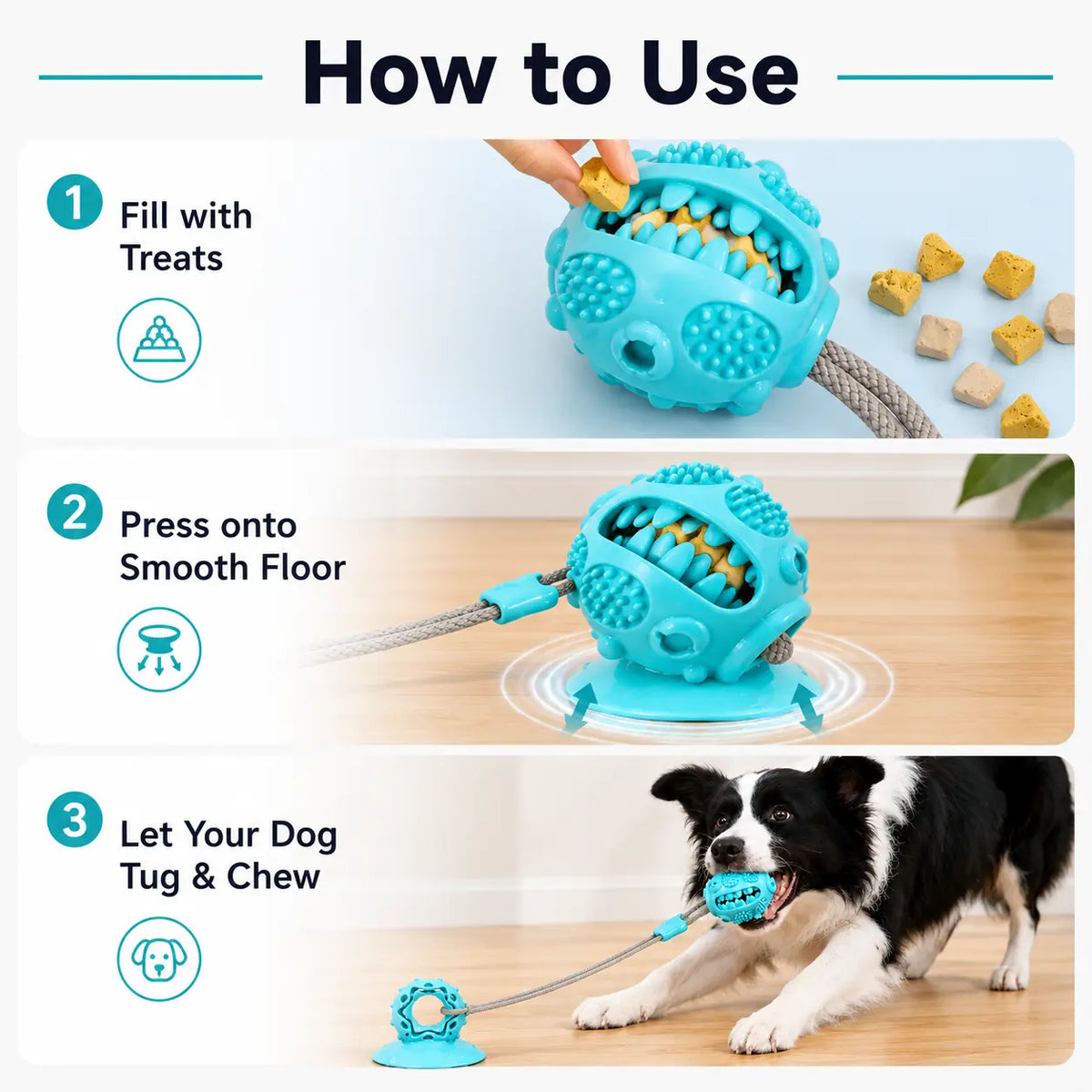 Interactive Dog Chew Toy with Suction Cup, Treat Dispensing Tug Toy for Bored Dogs, Durable TPR Teeth Cleaning Ball with Rope, Puzzle Feeder & Enrichment Toy for Puppies and Small Medium Dogs, Indoor Self-Play Training Toy