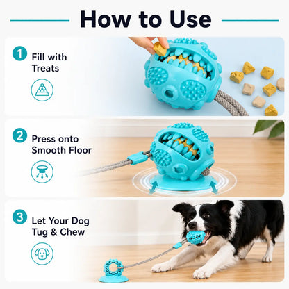 Interactive Dog Chew Toy with Suction Cup, Treat Dispensing Tug Toy for Bored Dogs, Durable TPR Teeth Cleaning Ball with Rope, Puzzle Feeder & Enrichment Toy for Puppies and Small Medium Dogs, Indoor Self-Play Training Toy