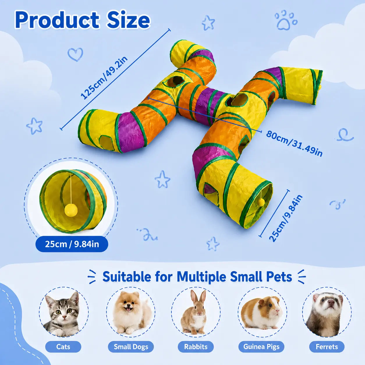 14-Way Cat Tunnel for Indoor Cats, Rainbow H-Shape Interactive Play Tunnel with Peek Holes & Ball, Foldable & Collapsible Toy for Cats, Rabbits, Ferrets & Small Pets
