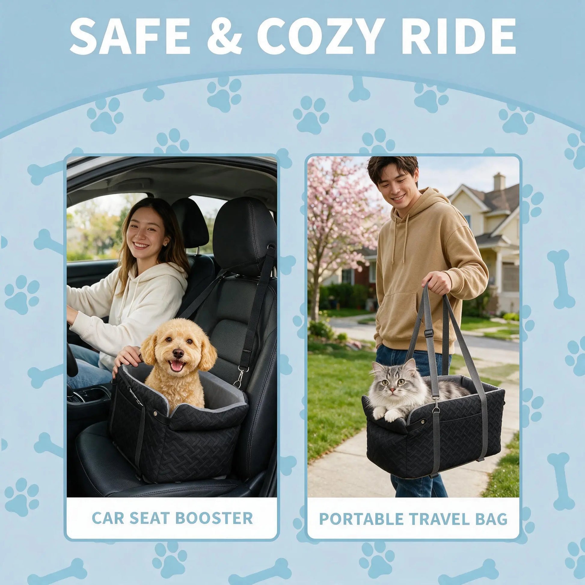 Black Fabric Paw Print Dog Car Booster Seat - Armrest-Mount, Portable Pet Basket, Comfortable Ride Safe Travel Carrier Bed for Small-Medium Dogs