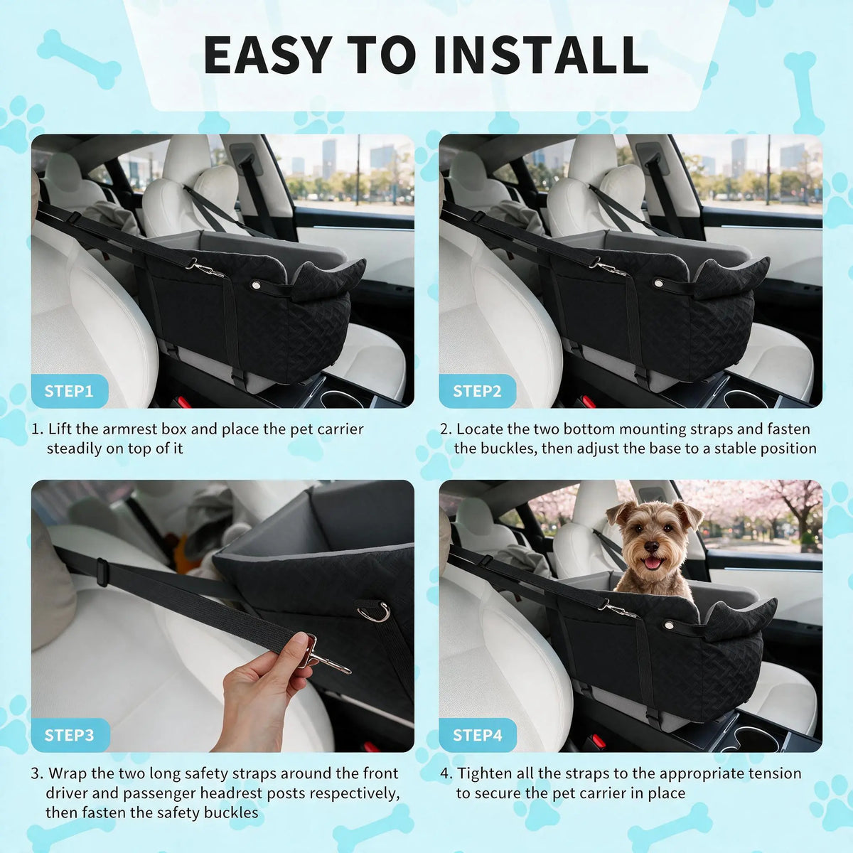 Black Fabric Paw Print Dog Car Booster Seat - Armrest-Mount, Portable Pet Basket, Comfortable Ride Safe Travel Carrier Bed for Small-Medium Dogs
