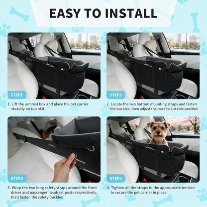 Black Fabric Paw Print Dog Car Booster Seat - Armrest-Mount, Portable Pet Basket, Comfortable Ride Safe Travel Carrier Bed for Small-Medium Dogs