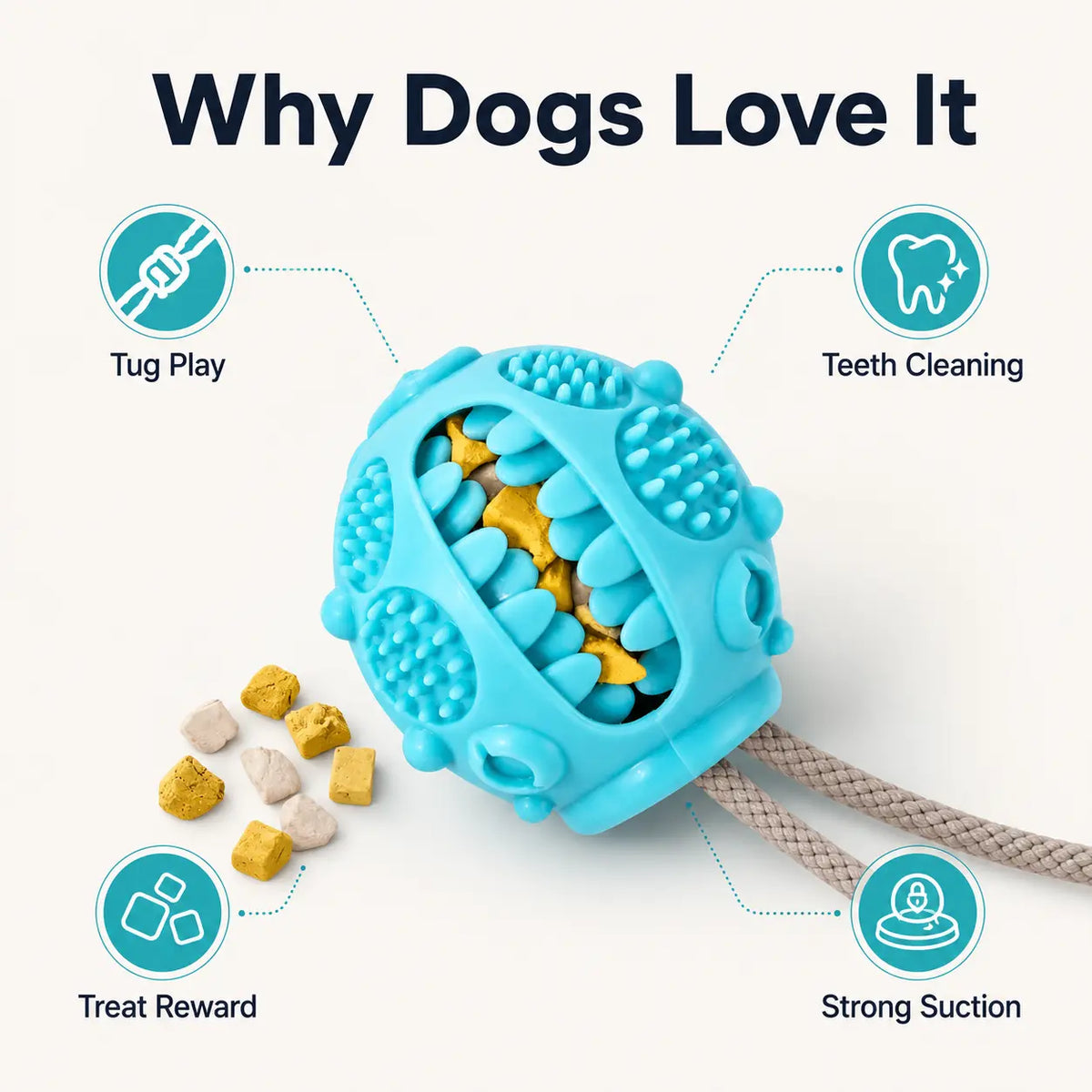 Interactive Dog Chew Toy with Suction Cup, Treat Dispensing Tug Toy for Bored Dogs, Durable TPR Teeth Cleaning Ball with Rope, Puzzle Feeder & Enrichment Toy for Puppies and Small Medium Dogs, Indoor Self-Play Training Toy