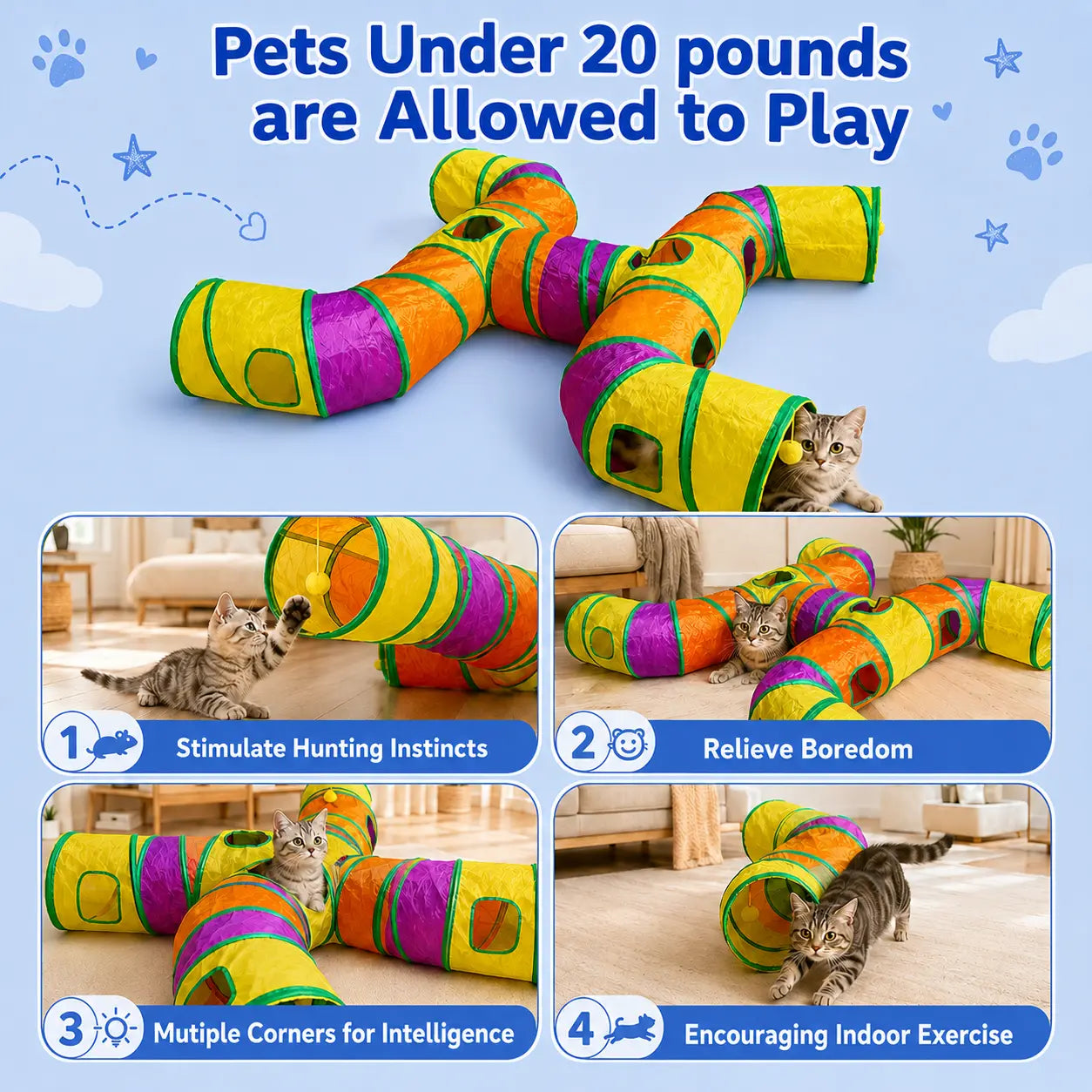 14-Way Cat Tunnel for Indoor Cats, Rainbow H-Shape Interactive Play Tunnel with Peek Holes & Ball, Foldable & Collapsible Toy for Cats, Rabbits, Ferrets & Small Pets