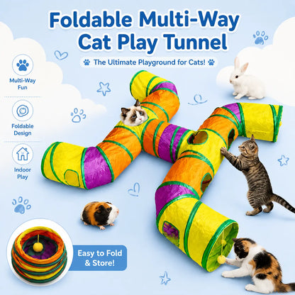 14-Way Cat Tunnel for Indoor Cats, Rainbow H-Shape Interactive Play Tunnel with Peek Holes & Ball, Foldable & Collapsible Toy for Cats, Rabbits, Ferrets & Small Pets
