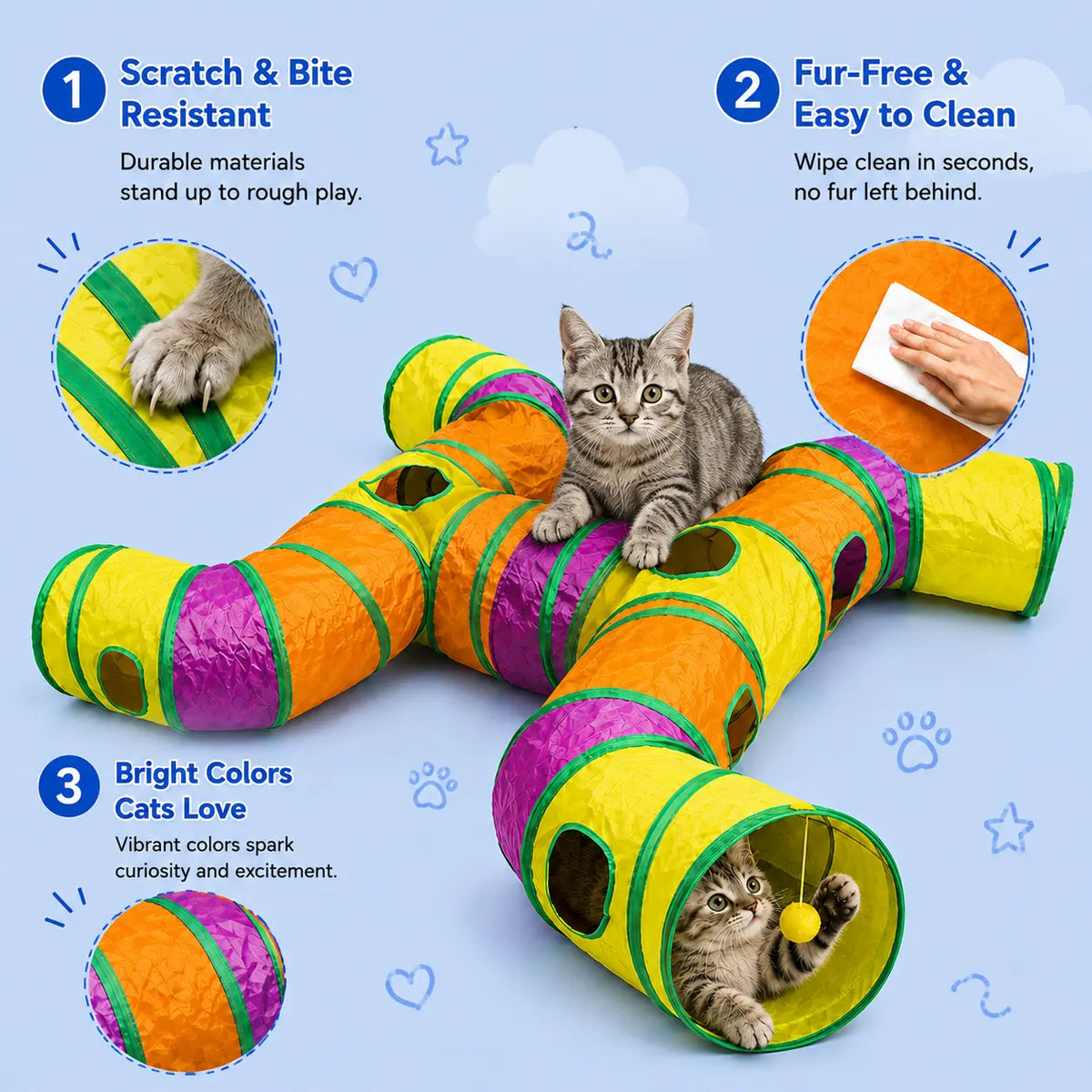 14-Way Cat Tunnel for Indoor Cats, Rainbow H-Shape Interactive Play Tunnel with Peek Holes & Ball, Foldable & Collapsible Toy for Cats, Rabbits, Ferrets & Small Pets